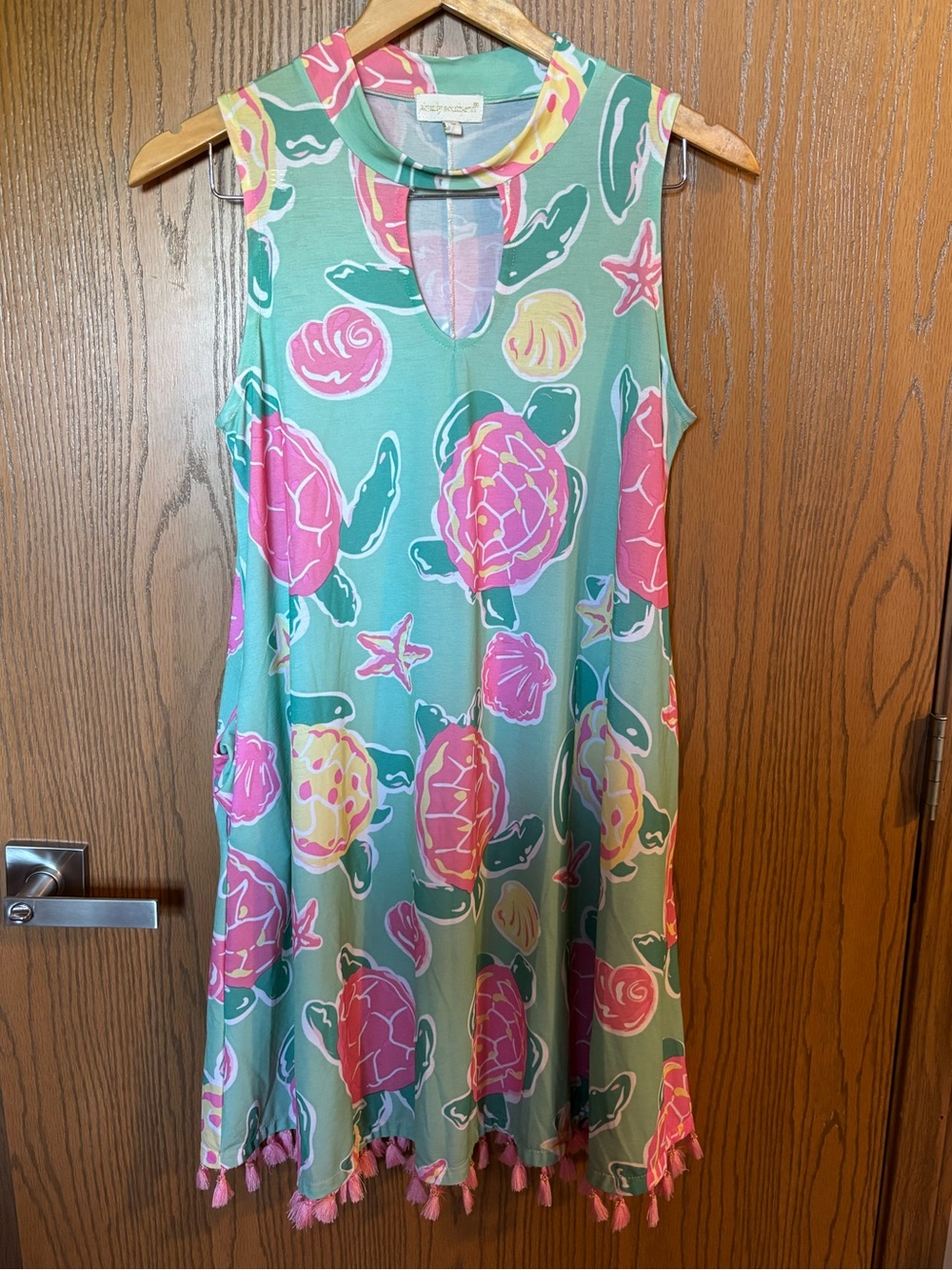 Simply Southern Aqua & Pink Turtle Shell-Print Keyhole Dress